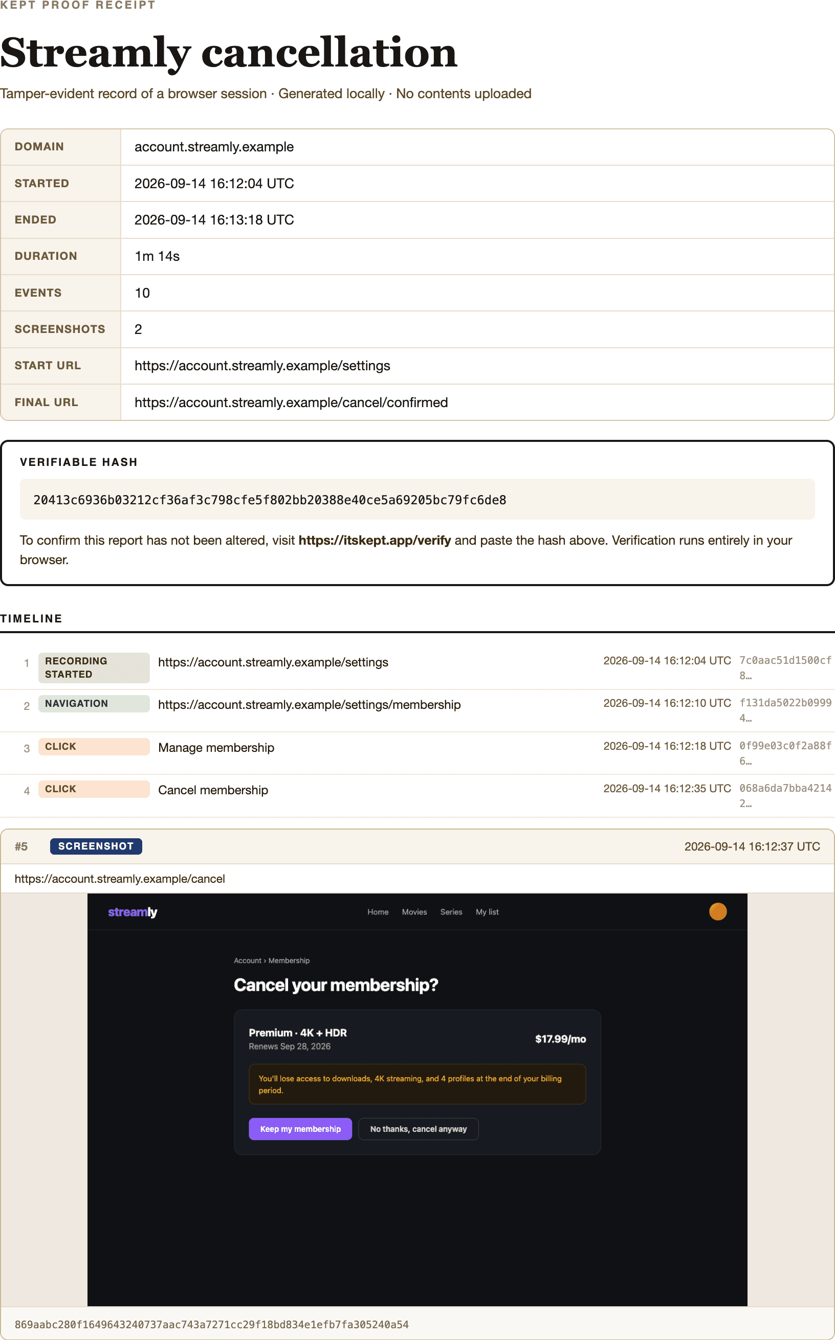 A Kept PDF receipt showing session details, a verifiable hash, and the timeline