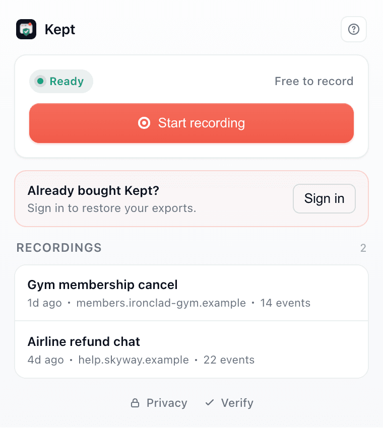 The Kept popup with a Start recording button