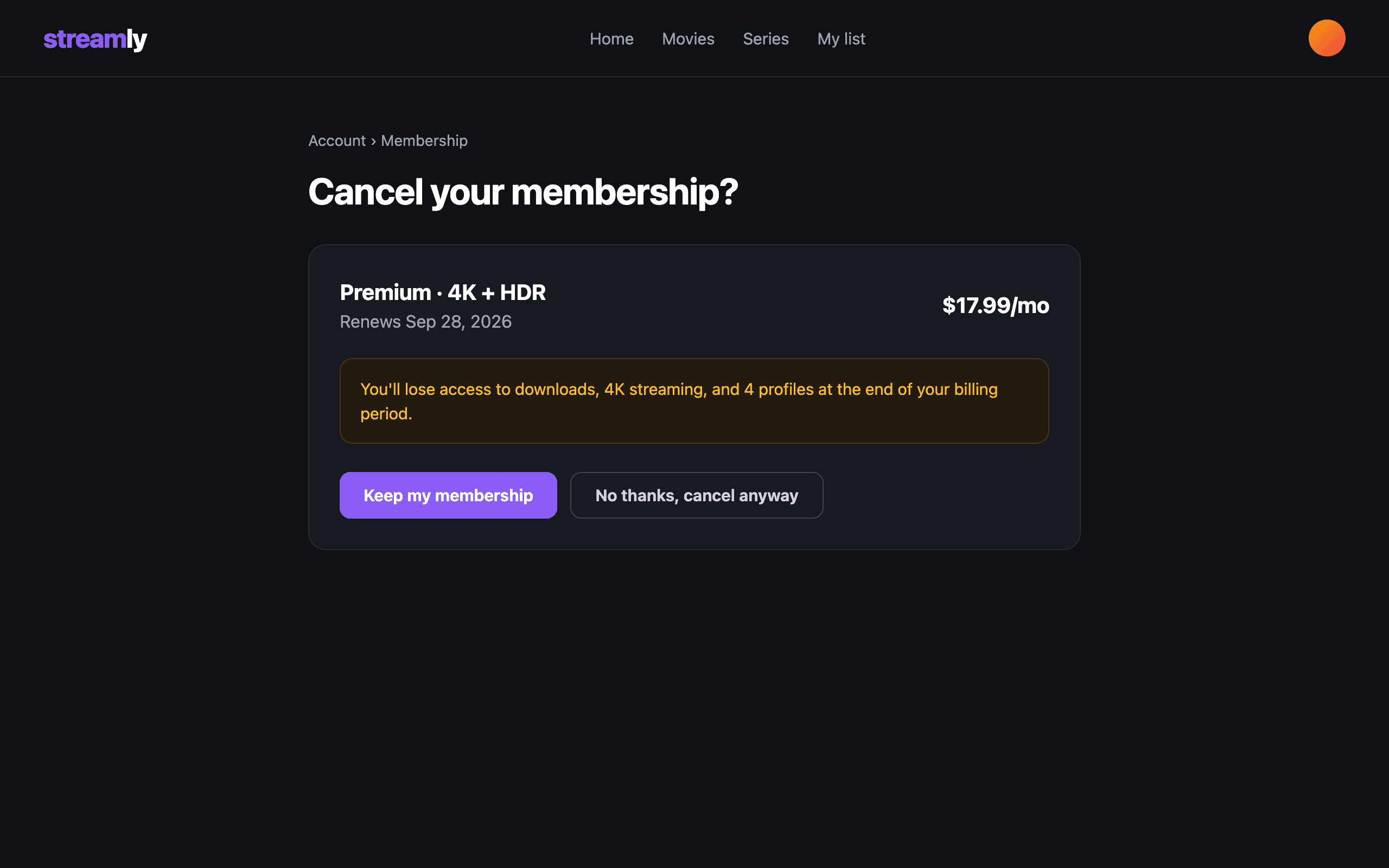 A streaming service's cancel membership page