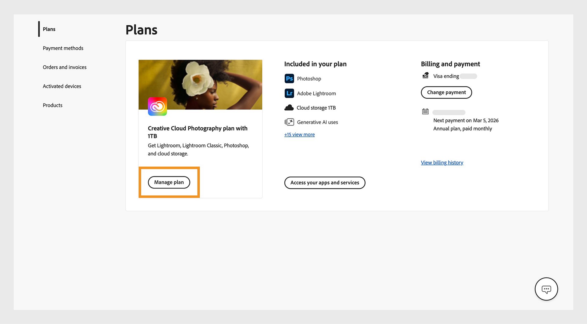 Adobe Help screenshot showing the Adobe Account Plans page with the Manage plan button highlighted.