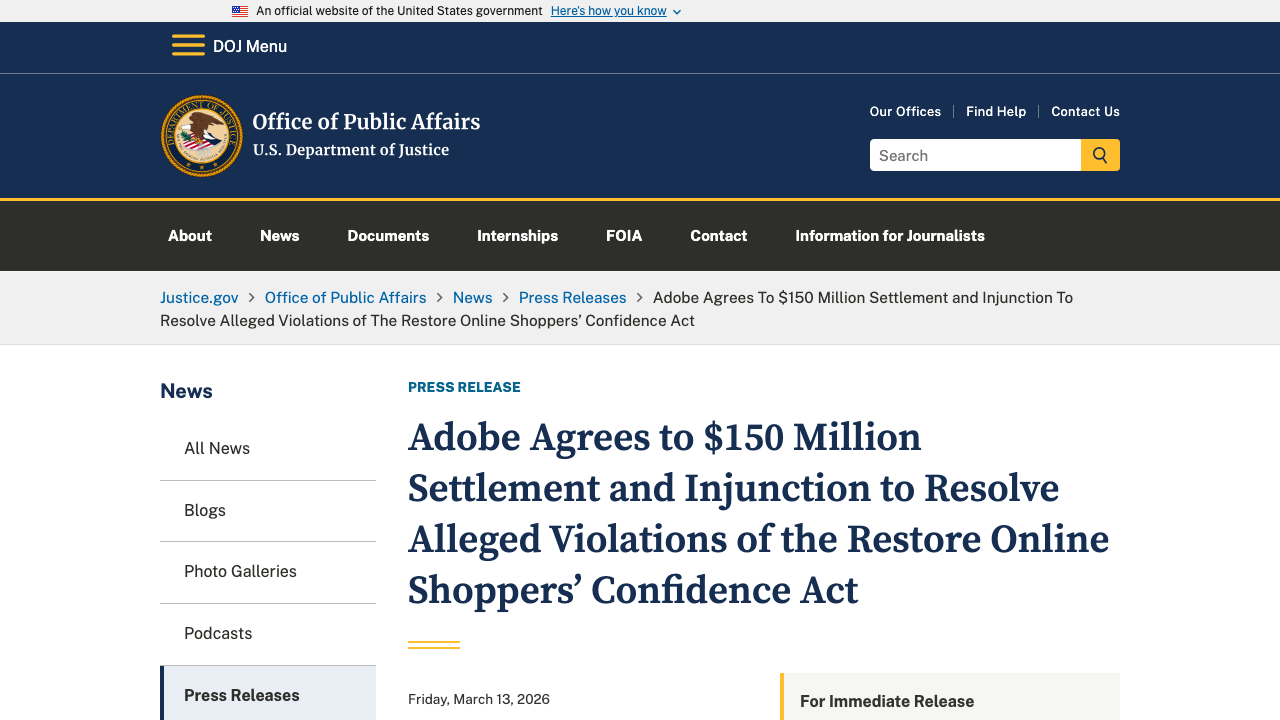 Screenshot of a Justice Department press release about Adobe subscription cancellation allegations and settlement terms.