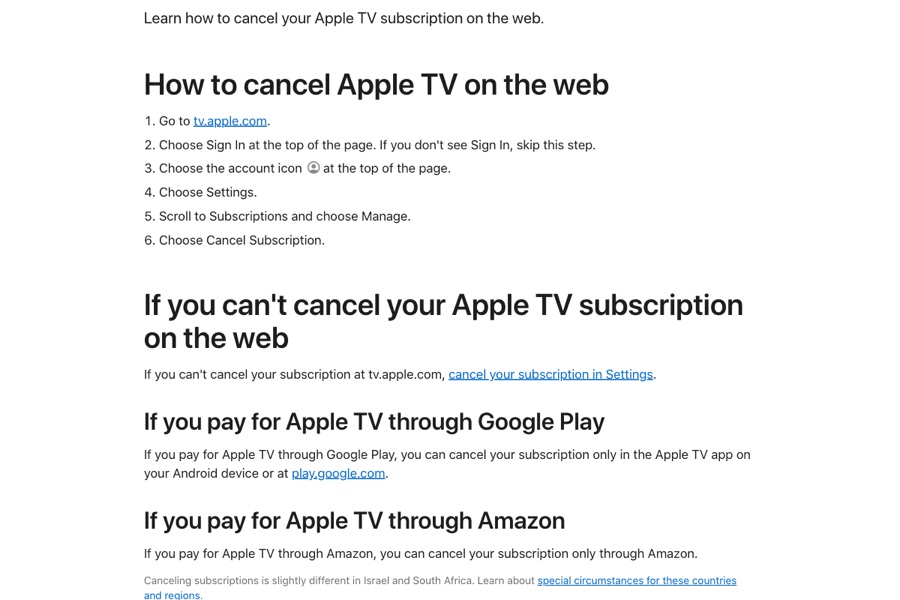 Apple Support article How to cancel Apple TV, showing the six web steps and notes for Google Play and Amazon billing.