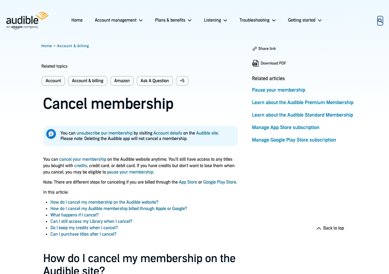Audible Help article titled Cancel membership, noting that deleting the app does not cancel a membership.