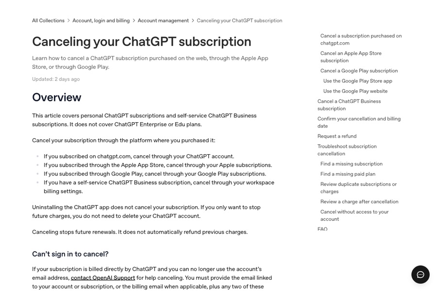 OpenAI Help Center article Canceling your ChatGPT subscription, with an overview of canceling on chatgpt.com, Apple, and Google Play.