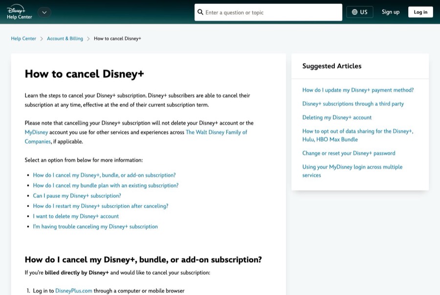 Disney+ Help Center article titled How to cancel Disney+, listing sections for bundles, pausing, and restarting.