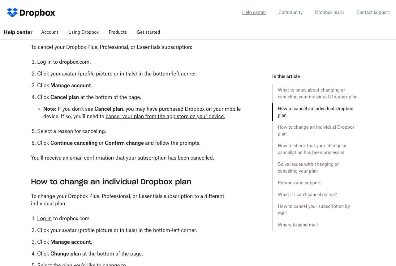 Dropbox Help article listing the steps to cancel an individual plan: avatar, Manage account, Cancel plan, reason, Continue canceling.