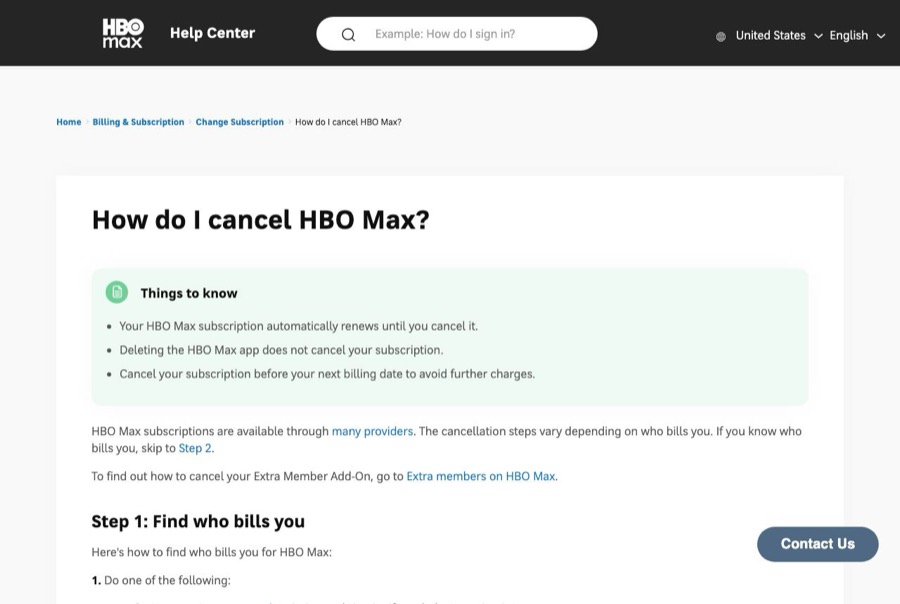 HBO Max Help Center article titled How do I cancel HBO Max, with a Things to know box about automatic renewal.