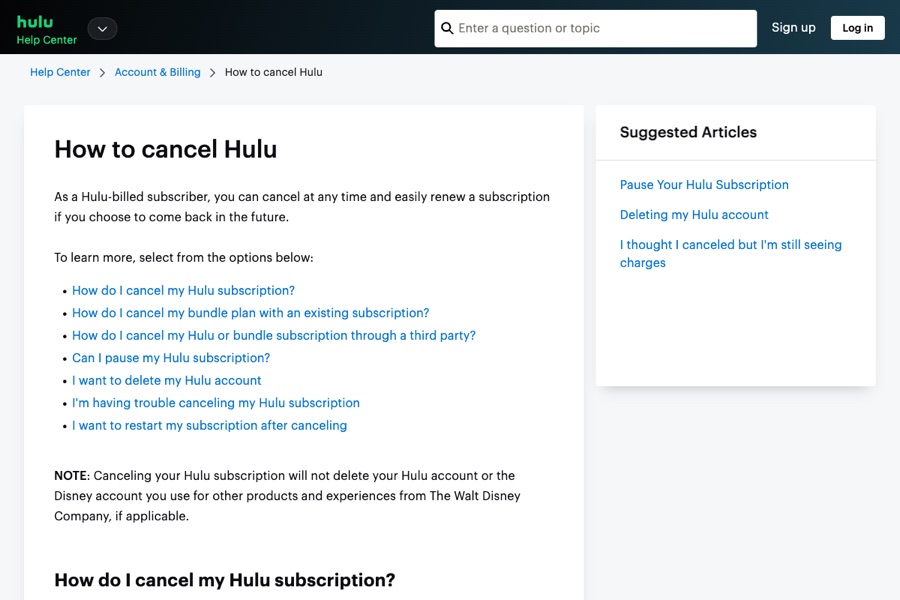 Hulu Help Center article titled How to cancel Hulu, listing sections on canceling, bundles, third-party billing, and pausing.
