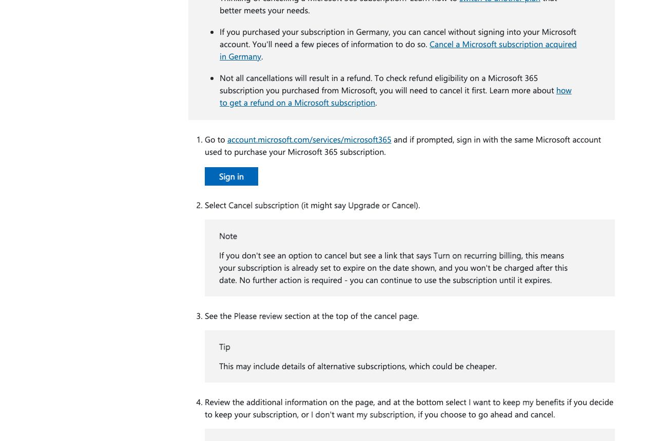 Microsoft Support article listing the steps to cancel Microsoft 365, including Select Cancel subscription and I don't want my subscription.