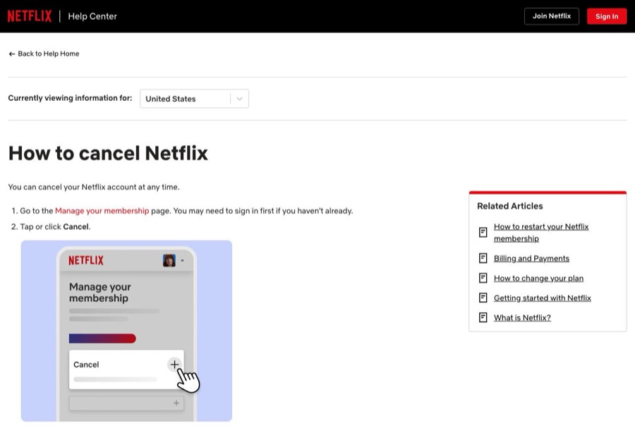 Netflix Help Center article titled How to cancel Netflix, showing the Manage your membership and Cancel steps.