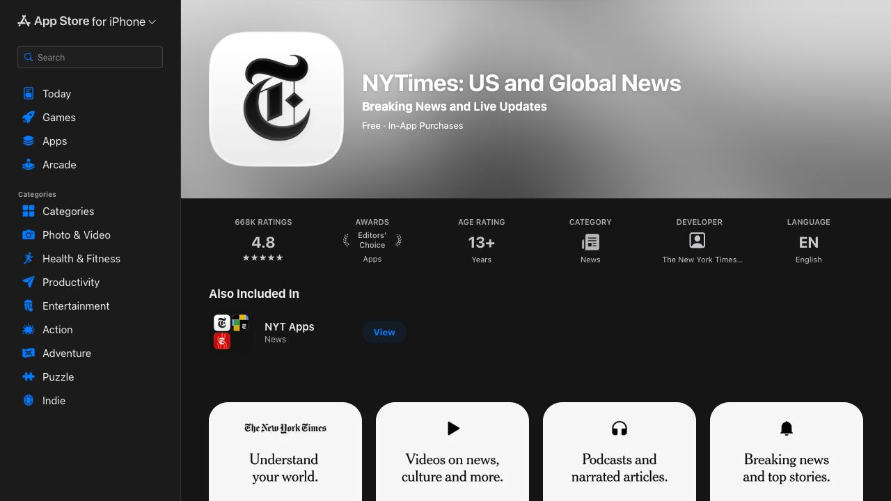 Screenshot of the public Apple App Store listing for the NYTimes app by The New York Times Company.