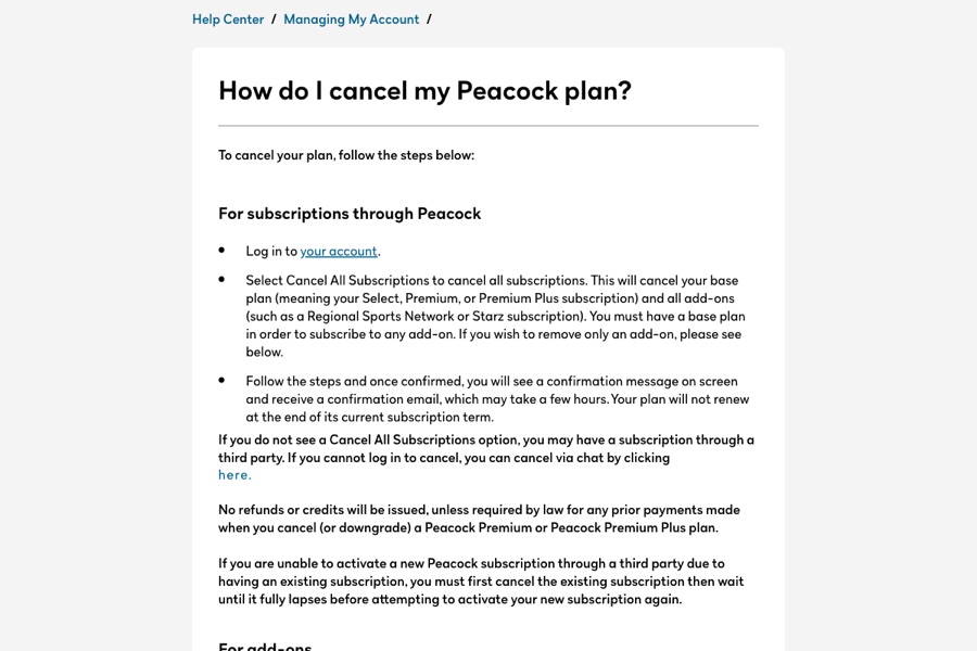 Peacock Help article titled How do I cancel my Peacock plan?, showing the Cancel All Subscriptions steps and refund note.
