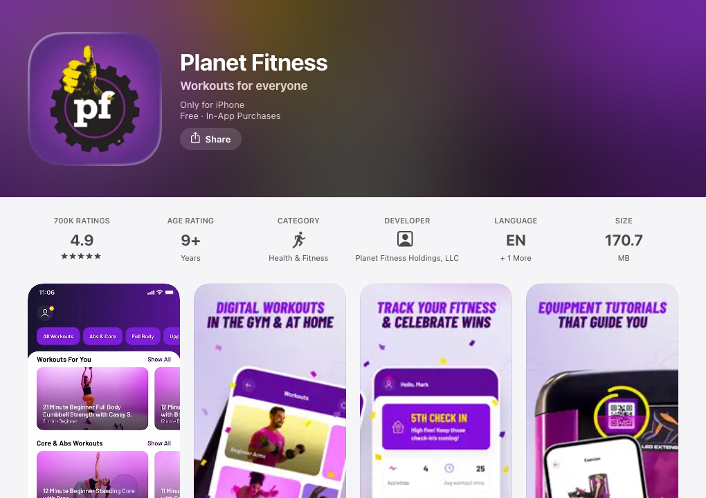 Screenshot of the public Apple App Store listing for the Planet Fitness app by Planet Fitness Holdings, LLC.