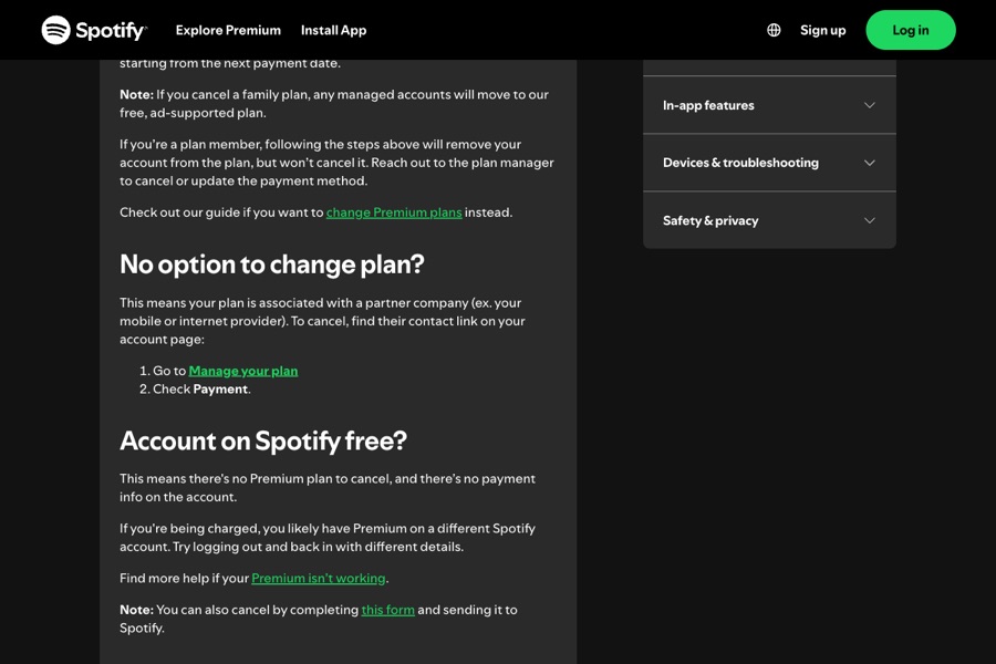 Spotify Support article How to cancel Premium plans, showing the No option to change plan and Account on Spotify free sections.