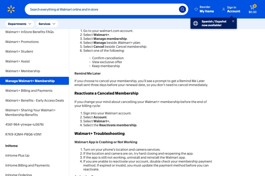 Walmart Help page Manage Walmart+ Membership showing the cancel steps and the Confirm cancellation, View exclusive offer, and Keep membership options.