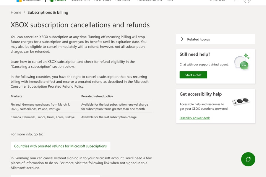 Xbox Support article titled Xbox subscription cancellations and refunds, explaining recurring billing and prorated refund countries.